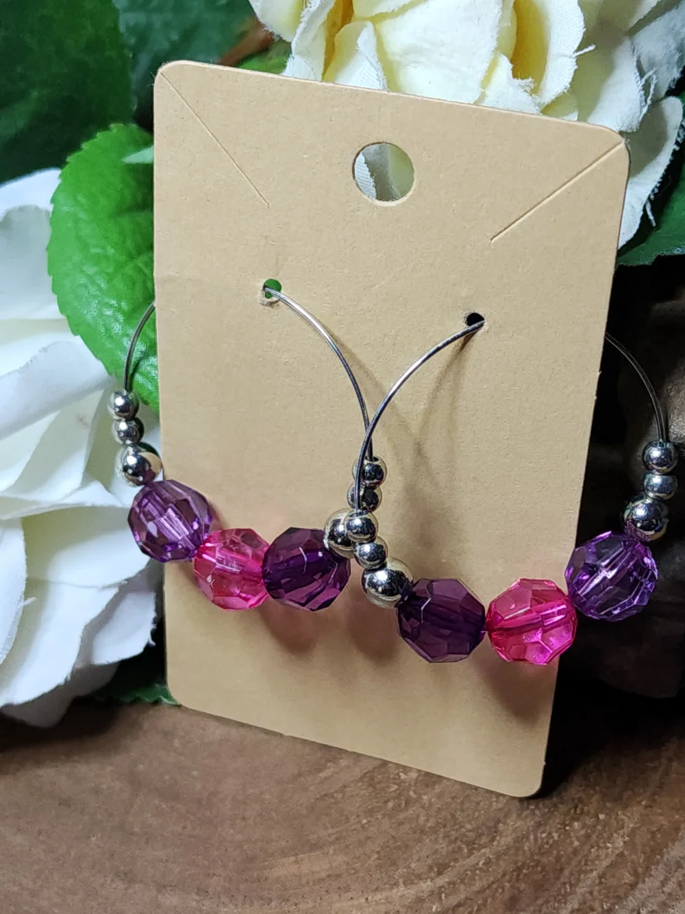 Handcrafted Pink & Purple Beaded Hoop Earrings